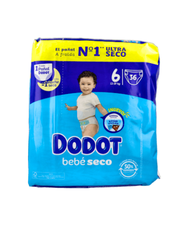 PAÑAL DODOT BEBE SECO T6 14-19 KG 48 UDS – foto del producto cada pañal dodot