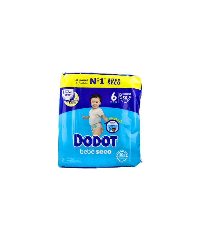PAÑAL DODOT BEBE SECO T6 14-19 KG 48 UDS – foto del producto cada pañal dodot