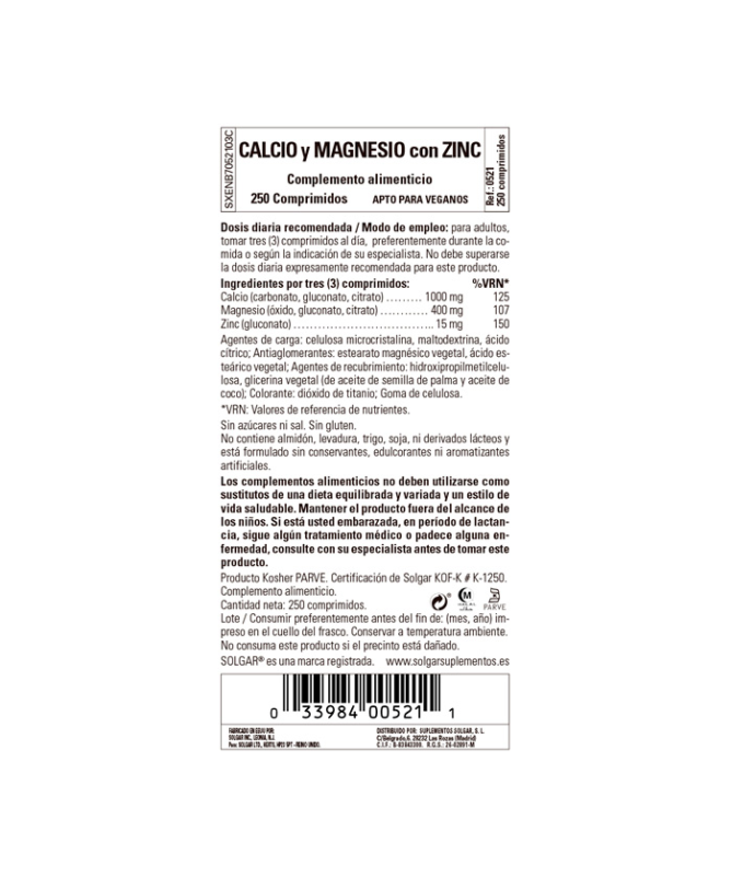 CALCIO MAGNESIO PLUS ZINC 250COMP – foto del producto magnesio gluconato vegetal
