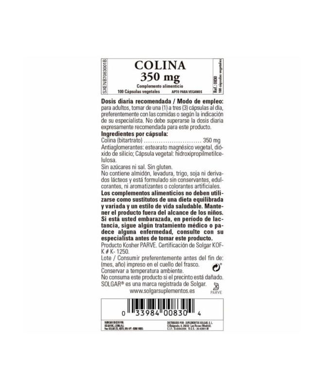 COLINA 350MG 100VEGICAPS – foto del producto colina cápsula vegetal