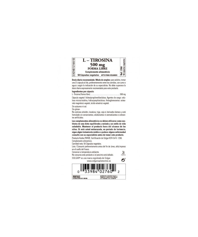 L TIROSINA 500MG 50CAP – foto del producto vegetal tirosina cápsula