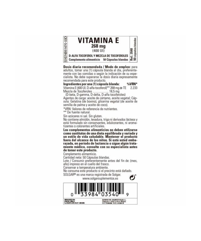 VITAMINA E 400IU 268MG 50CAP BLANDA VEG – foto del producto vitamina blanda cápsula
