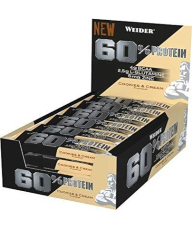 WEIDER PROTEIN 60 BARRITAS COOKIE CREMA 24UD – foto del producto leche proteína cacao