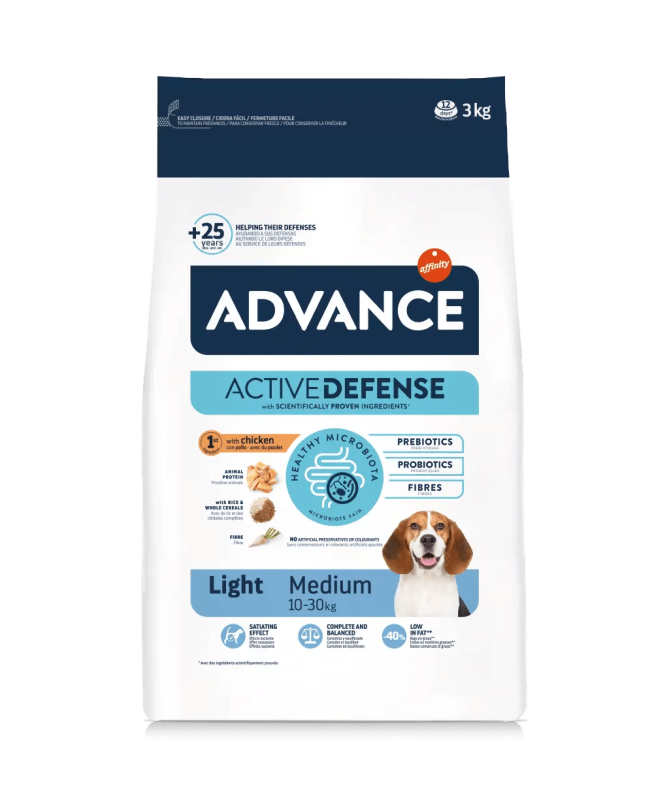 ADVANCE CANINE ADULT LIGHT MEDIUM POLLO 3KG – foto del producto proteínas maíz vitamina