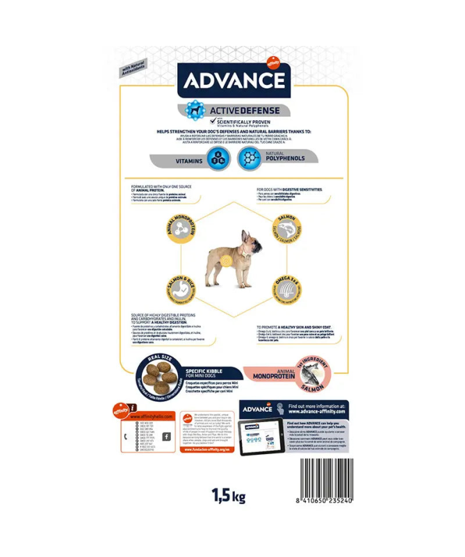 ADVANCE CANINE ADULT SENSIT MINI SALMON 1 5KG – foto del producto vitamina sulfato maíz