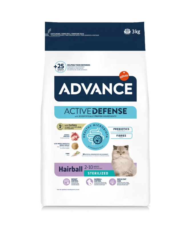 ADVANCE FELINE ADULT STERILIZED HAIRBALL 3KG – foto del producto proteínas vitamina sulfato